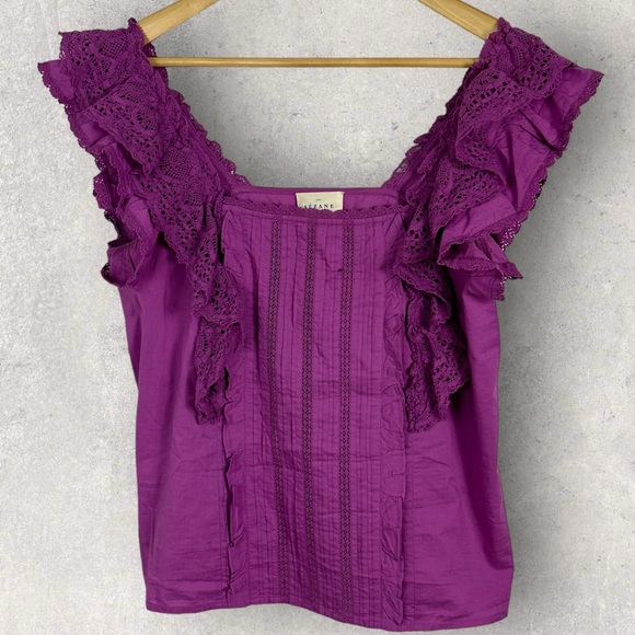 Sezane Lexy Blouse Size 38 French US 6 Square Neck Lace Frill Organic Cotton Top - Picture 6 of 15